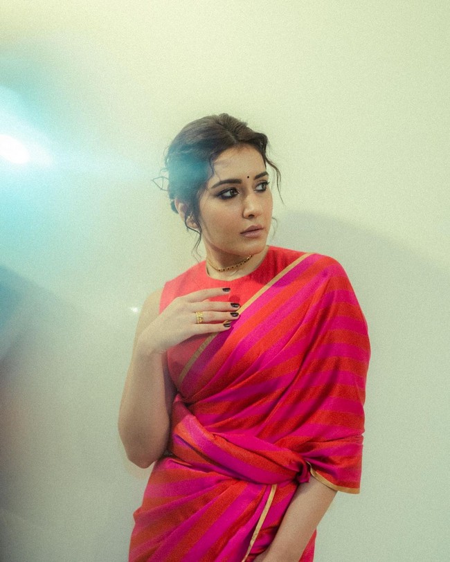 Raashii Khanna Colourful Cliks in Pink Saree