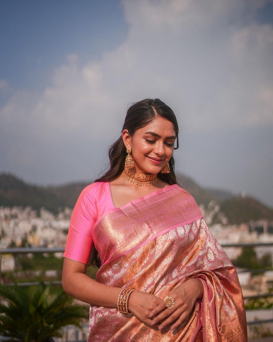 Actress Mrunal Thakur  Latest Cliks in Shiny Silk Saree