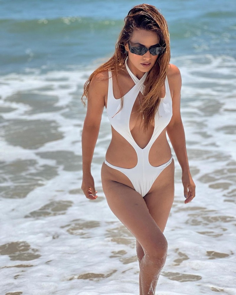 Nia Sharma Bikini Stills in White Outfit