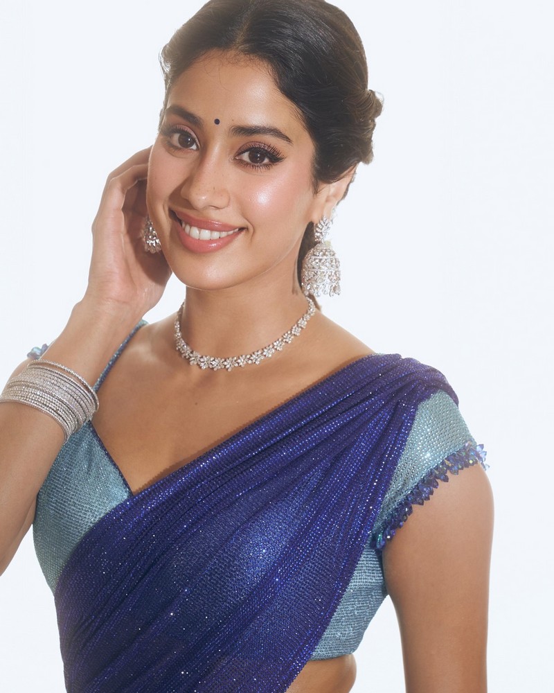 Janhvi Kapoor Looking Traditonal in Shiny Blue Half Saree